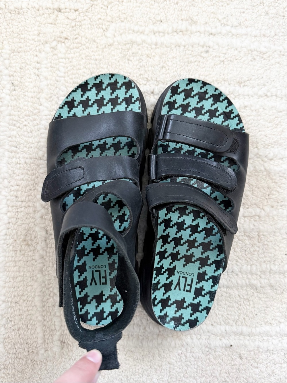 Fly London Asymmetrical Black Chunky Sandals with Mint Houndstooth Insole
